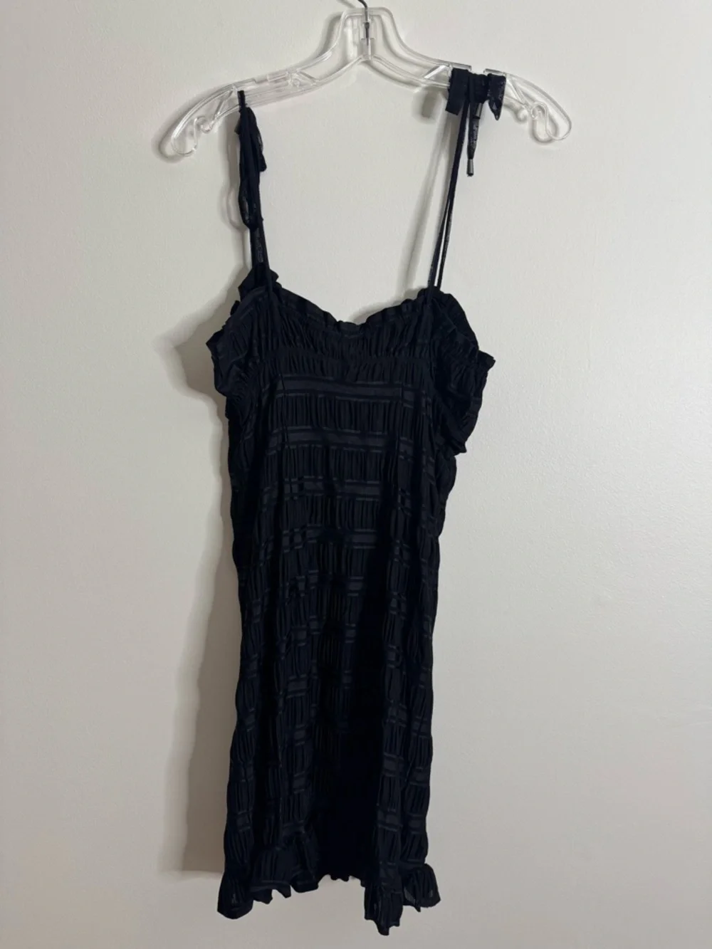 Free People Bittersweet Black Smocked Ruffle Sleeveless Cami Ruched Mini Dress L